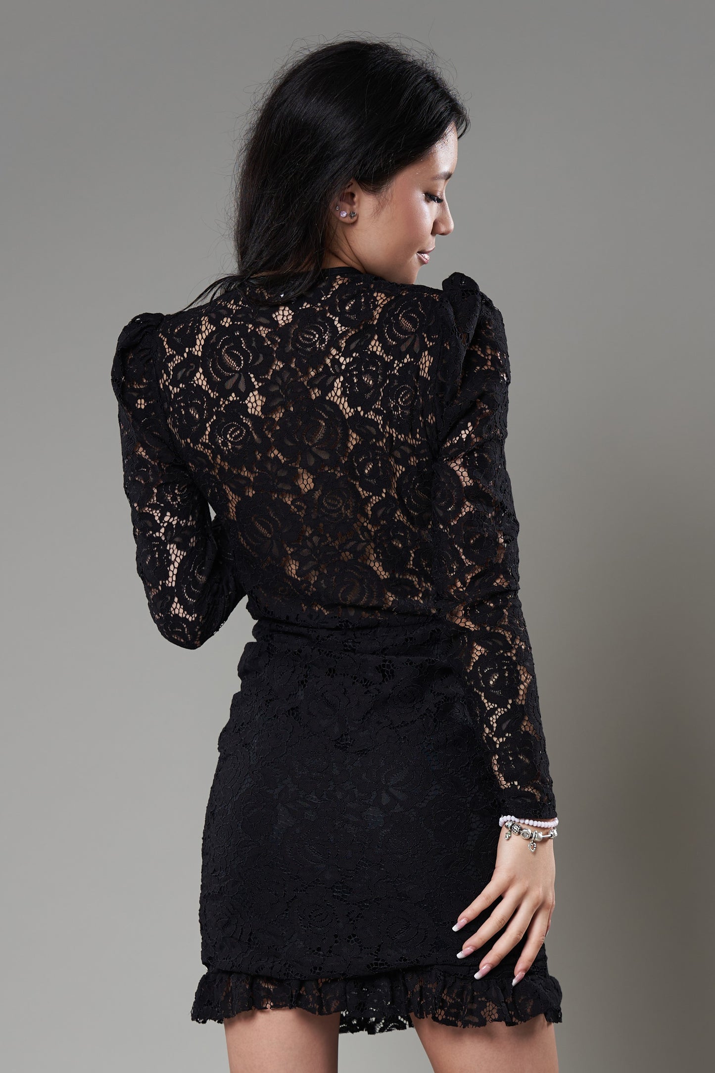 Rochie Cu Mânecă, Din Dantelă Neagră