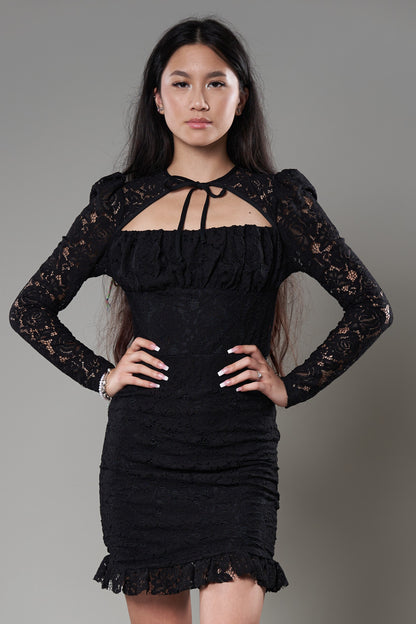 Rochie Cu Mânecă, Din Dantelă Neagră