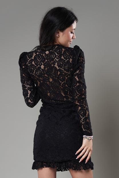 Rochie Cu Mânecă, Din Dantelă Neagră