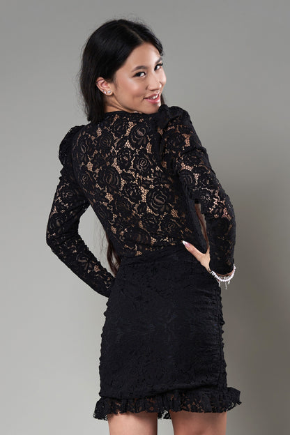Rochie Cu Mânecă, Din Dantelă Neagră